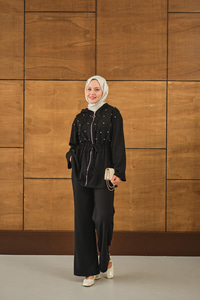 Taş Detay Kapüşonlu Takım Siyah