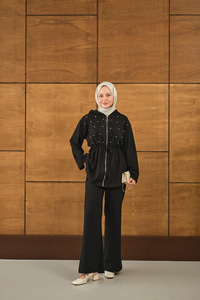 Taş Detay Kapüşonlu Takım Siyah