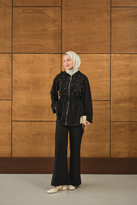 Taş Detay Kapüşonlu Takım Siyah