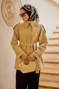 Taş detay Kısa Trenç Krem