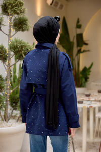 Taş detay Kısa Trenç Lacivert