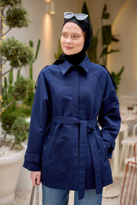 Taş detay Kısa Trenç Lacivert