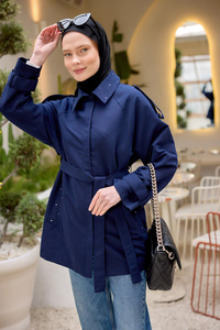 Taş detay Kısa Trenç Lacivert