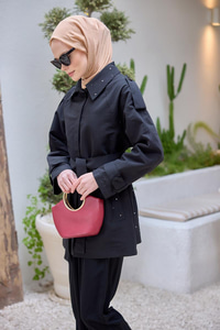 Taş detay Kısa Trenç Siyah