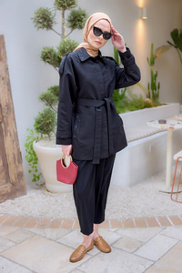 Taş detay Kısa Trenç Siyah