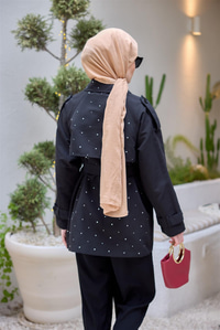 Taş detay Kısa Trenç Siyah