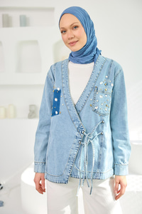 Taş Detay Kot Kimono Mavi