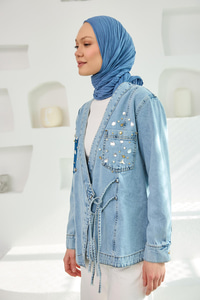 Taş Detay Kot Kimono Mavi