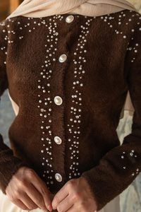 Taş Detay Triko Ceket Kahverengi