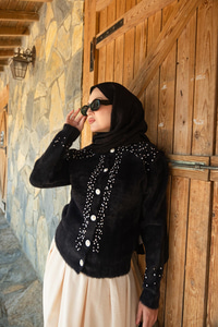 Taş Detay Triko Ceket Siyah