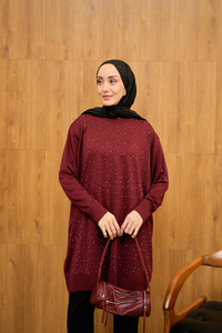 Taş Detay Triko Tunik Bordo