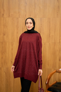 Taş Detay Triko Tunik Bordo