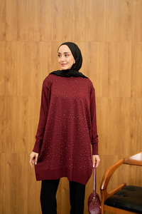 Taş Detay Triko Tunik Bordo