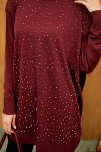 Taş Detay Triko Tunik Bordo