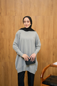 Taş Detay Triko Tunik Gri