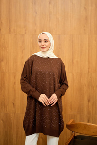 Taş Detay Triko Tunik Kahverengi