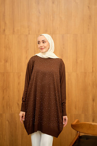 Taş Detay Triko Tunik Kahverengi
