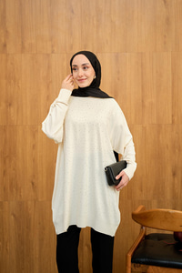 Taş Detay Triko Tunik Krem