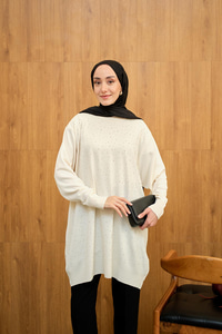 Taş Detay Triko Tunik Krem