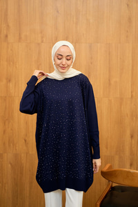 Taş Detay Triko Tunik Lacivert