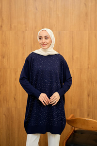 Taş Detay Triko Tunik Lacivert
