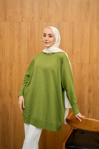 Taş Detay Triko Tunik Yeşil