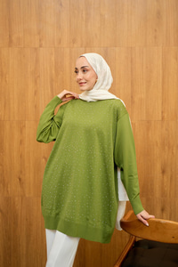 Taş Detay Triko Tunik Yeşil