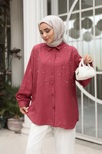 Taş Detaylı Gömlek Bordo