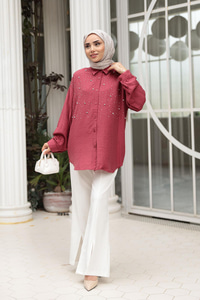 Taş Detaylı Gömlek Bordo