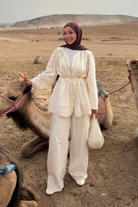 Taş Detaylı İkili Takım Bej