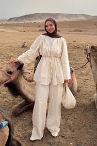 Taş Detaylı İkili Takım Bej