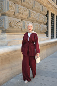 Taş Detaylı İkili Takım Bordo