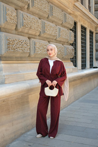 Taş Detaylı İkili Takım Bordo