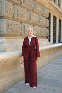 Taş Detaylı İkili Takım Bordo