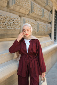 Taş Detaylı İkili Takım Bordo