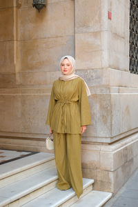 Taş Detaylı İkili Takım Yağ Yeşil