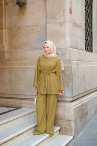 Taş Detaylı İkili Takım Yağ Yeşil