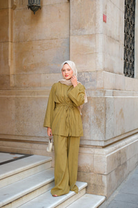 Taş Detaylı İkili Takım Yağ Yeşil