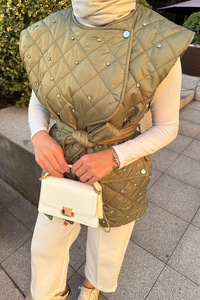 Taş Detaylı Kapitone Yelek Haki Yeşil