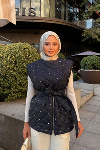 Taş Detaylı Kapitone Yelek Lacivert