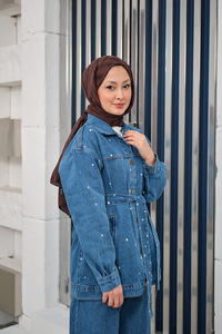 Taş Detaylı Kot Takım Buz Mavi