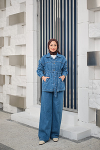 Taş Detaylı Kot Takım Buz Mavi