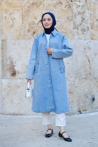 Taş Detaylı Trenç Buz Mavi