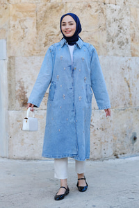 Taş Detaylı Trenç Buz Mavi
