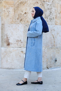 Taş Detaylı Trenç Buz Mavi