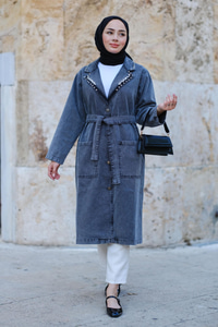 Taş Detaylı Trenç Füme