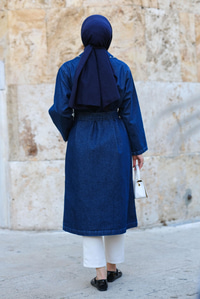 Taş Detaylı Trenç Koyu Mavi