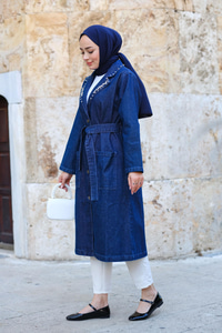 Taş Detaylı Trenç Koyu Mavi