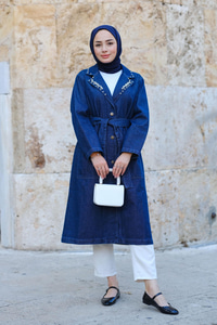 Taş Detaylı Trenç Koyu Mavi