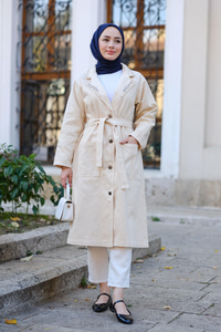 Taş Detaylı Trenç Krem